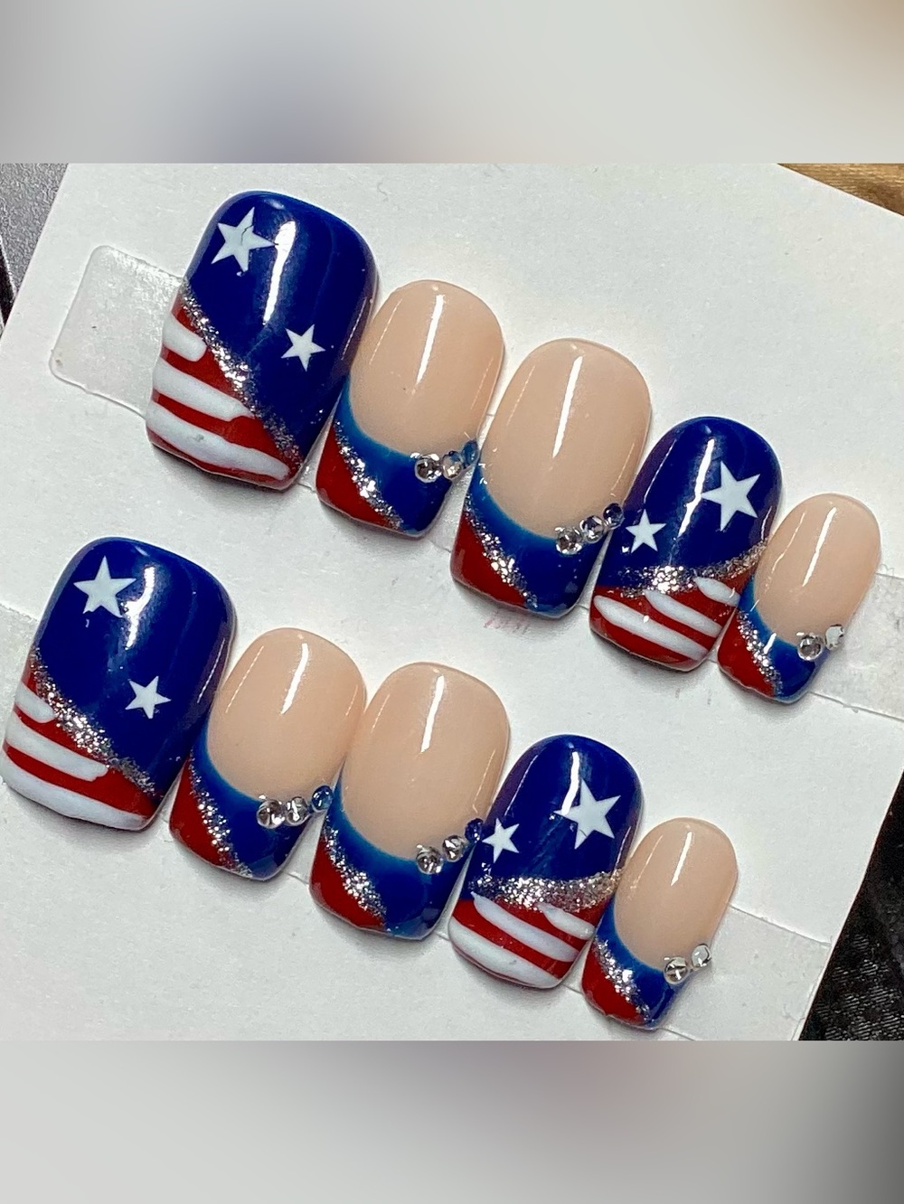 Hand-painted 4th of July American Flag French Tip Square Press-On Nails Medium - Picture 3 of 5